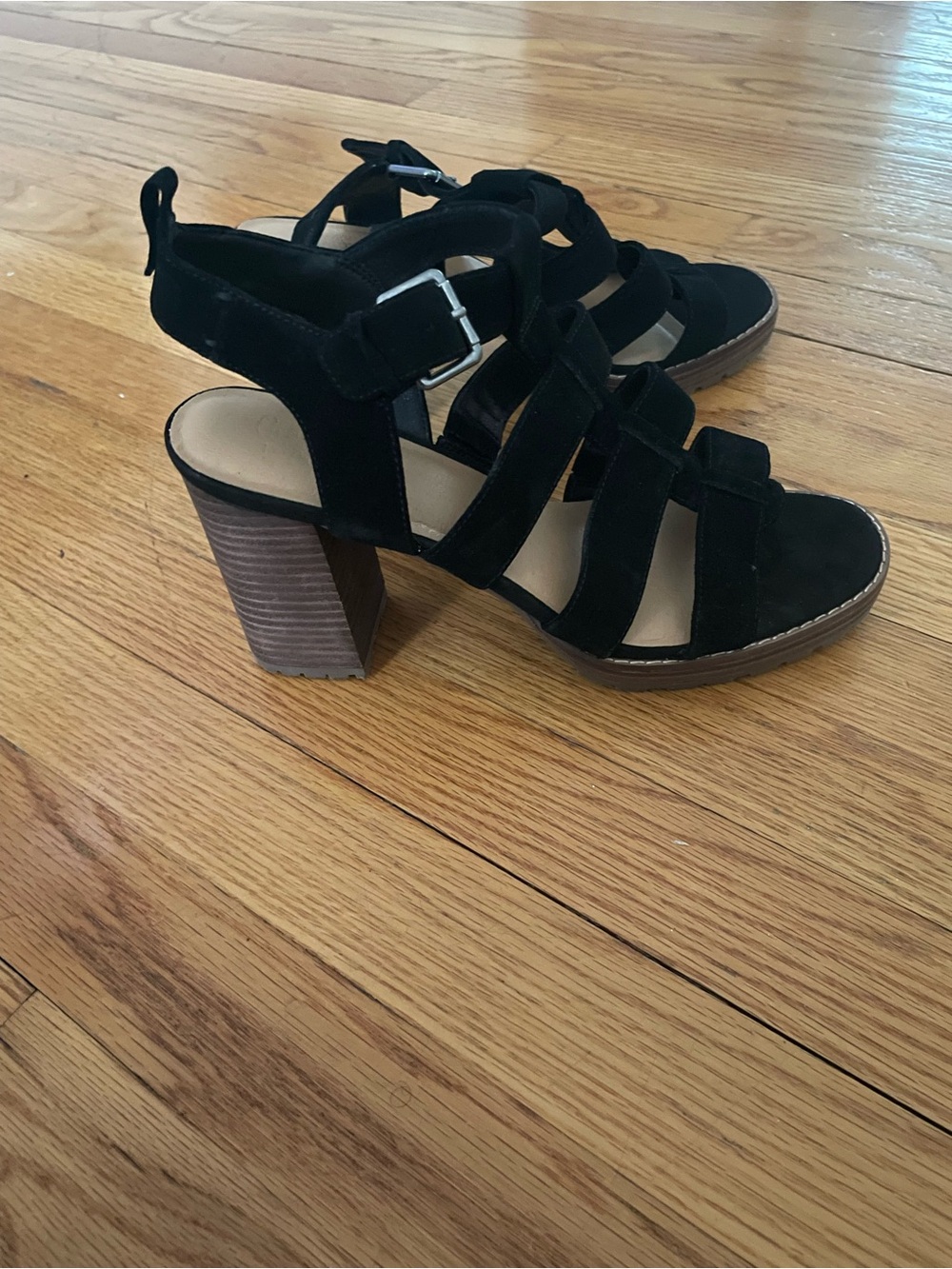 Crown Vintage Black Suede Strappy Block Heel Sandals
